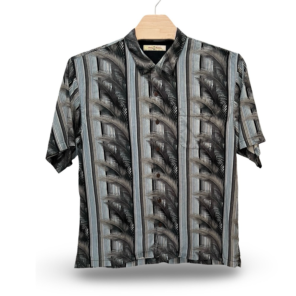 Tommy Bahama Mens XL Silk Palm Frond Stripe Camp Shirt Black Blue Short Sleeve